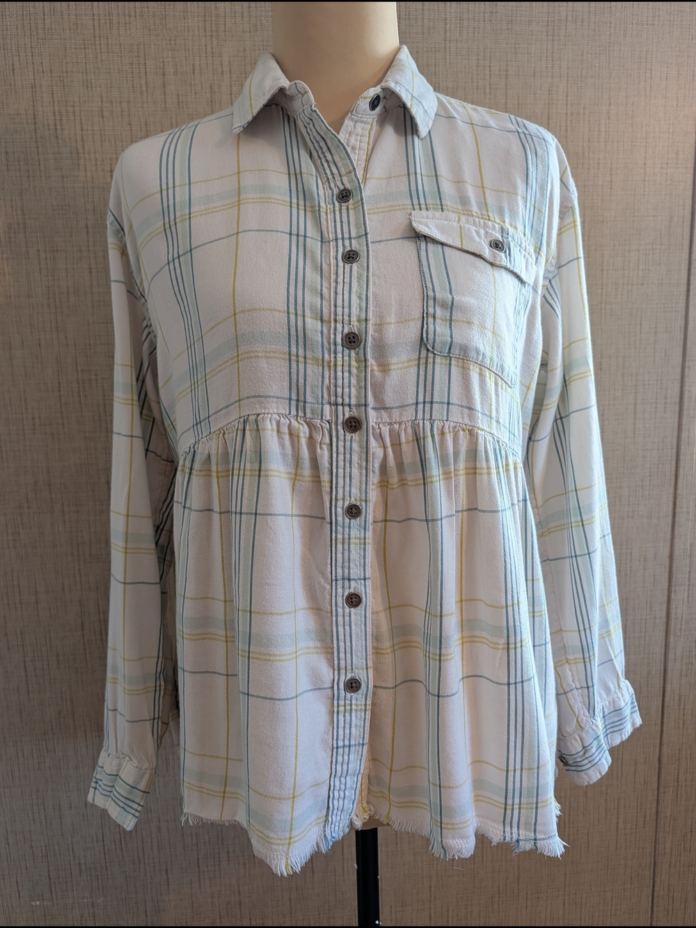 True Craft Cream Plaid Babydoll Button-Up Shirt with Blue & Yellow Stripes
